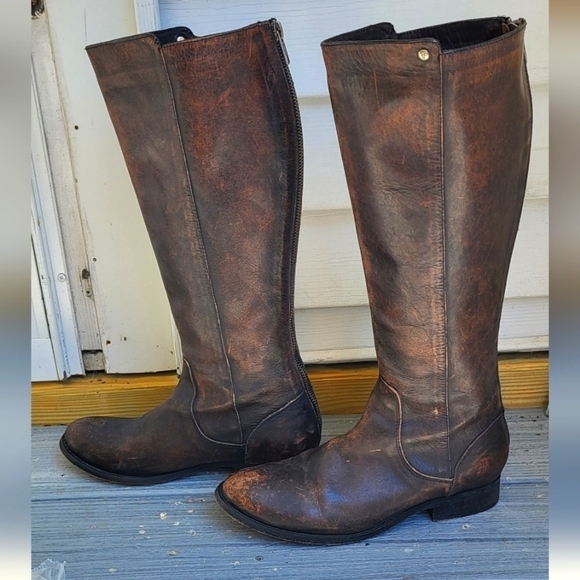 Frye Knee High Leather Back Zip Distressed Riding Boot - Picture 6 of 14